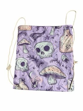Hand Crafted Lavender Skull & Mushroom Drawstring Backpack